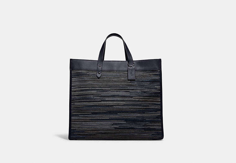 COACH®,FIELD TOTE BAG 40 IN UPWOVEN LEATHER,Upwoven Leather/Smooth Leather,X-Large,Black Copper/Navy,Front View
