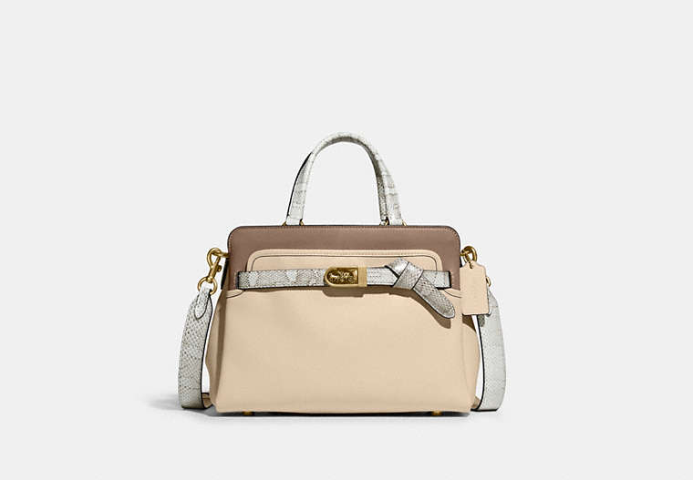 COACH®,TATE CARRYALL 29 IN COLORBLOCK WITH SNAKESKIN DETAIL,Smooth Leather/Exotic,Medium,Brass/Ivory Multi,Front View