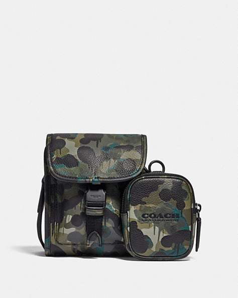 COACH®,CHARTER NORTH/SOUTH CROSSBODY WITH HYBRID POUCH WITH CAMO PRINT,Pebble Leather,Mini,Green/Blue,Front View
