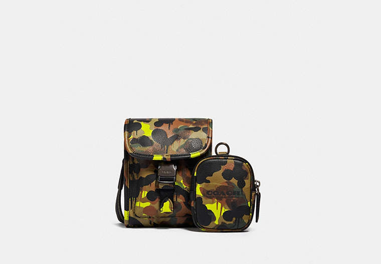 COACH®,CHARTER NORTH/SOUTH CROSSBODY WITH HYBRID POUCH WITH CAMO PRINT,Pebble Leather,Mini,Neon/Yellow/Brown,Front View