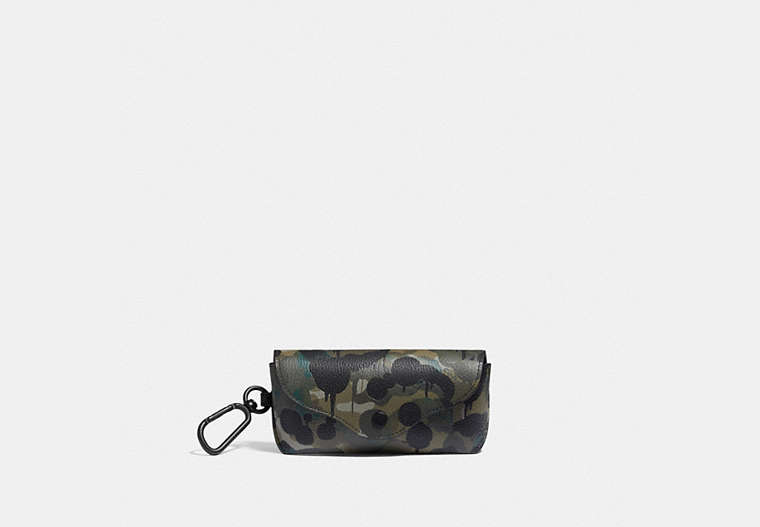 COACH®,CHARTER SUNGLASS CASE WITH CAMO PRINT,Pebble Leather,Mini,GREEN/BLUE,Front View