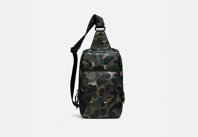 COACH®,GOTHAM PACK WITH CAMO PRINT,Pebble Leather,Medium,Matte Black/Green/Blue,Front View