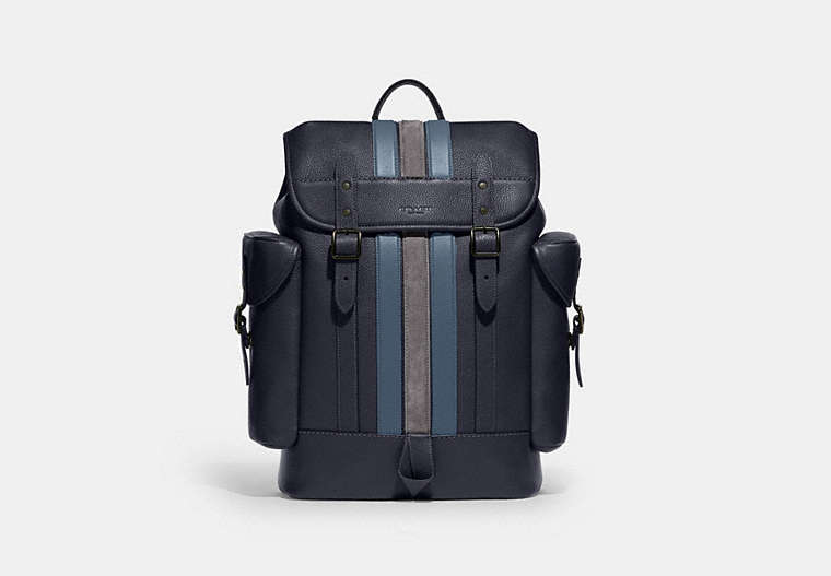 COACH®,HITCH BACKPACK WITH VARSITY STRIPE,Pebble Leather/Smooth Leather/Suede,Large,Black Copper/Midnight Navy Multi,Front View