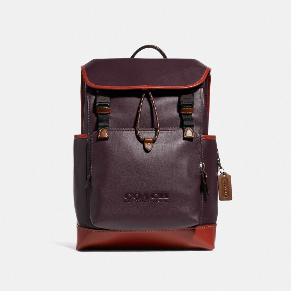 COACH®,LEAGUE FLAP BACKPACK IN COLORBLOCK,X-Large,Black Copper/Oxblood,Front View