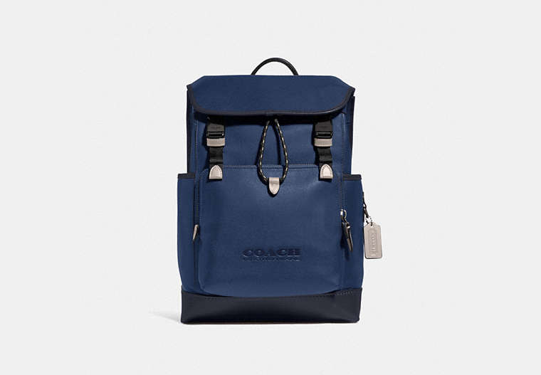 COACH®,LEAGUE FLAP BACKPACK IN COLORBLOCK,Refined Calf Leather,X-Large,Black Copper/Deep Blue Multi,Front View