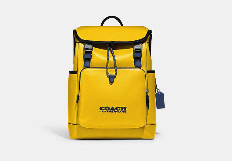 COACH®,LEAGUE FLAP BACKPACK IN COLORBLOCK,Refined Calf Leather,X-Large,Light Anitique Nickel/Canary Multi,Front View