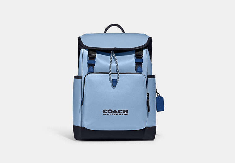 COACH®,LEAGUE FLAP BACKPACK IN COLORBLOCK,Refined Calf Leather,X-Large,Pobrass/Midnight Navy,Front View