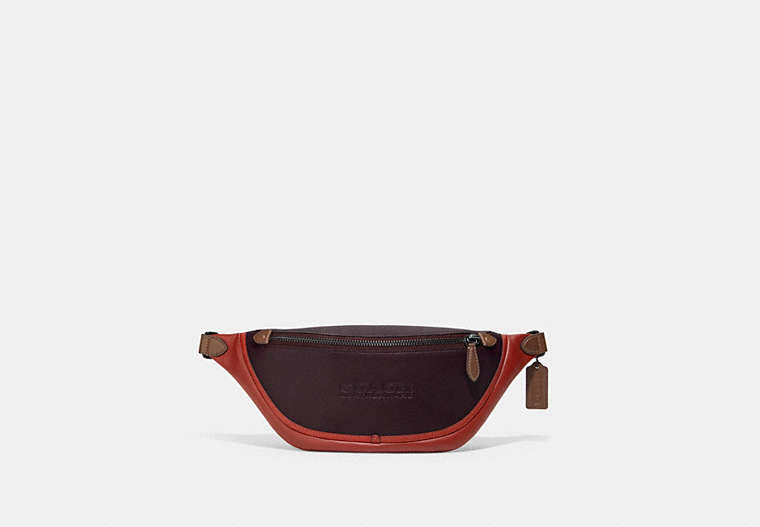 COACH®,LEAGUE BELT BAG IN COLORBLOCK,Refined Calf Leather,Medium,Black Copper/Oxblood,Front View