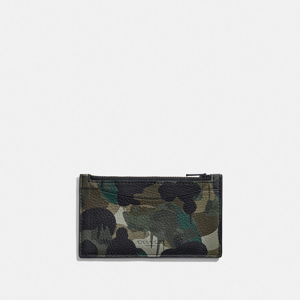 COACH®,ZIP CARD CASE WITH CAMO PRINT,Pebble Leather,Camo,GREEN/BLUE,Front View