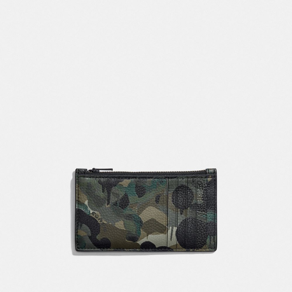 COACH®,ZIP CARD CASE WITH CAMO PRINT,Pebble Leather,Camo,GREEN/BLUE,Back View