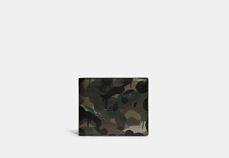 COACH®,3-IN-1 WALLET WITH CAMO PRINT,Pebble Leather,Camo,GREEN/BLUE,Front View