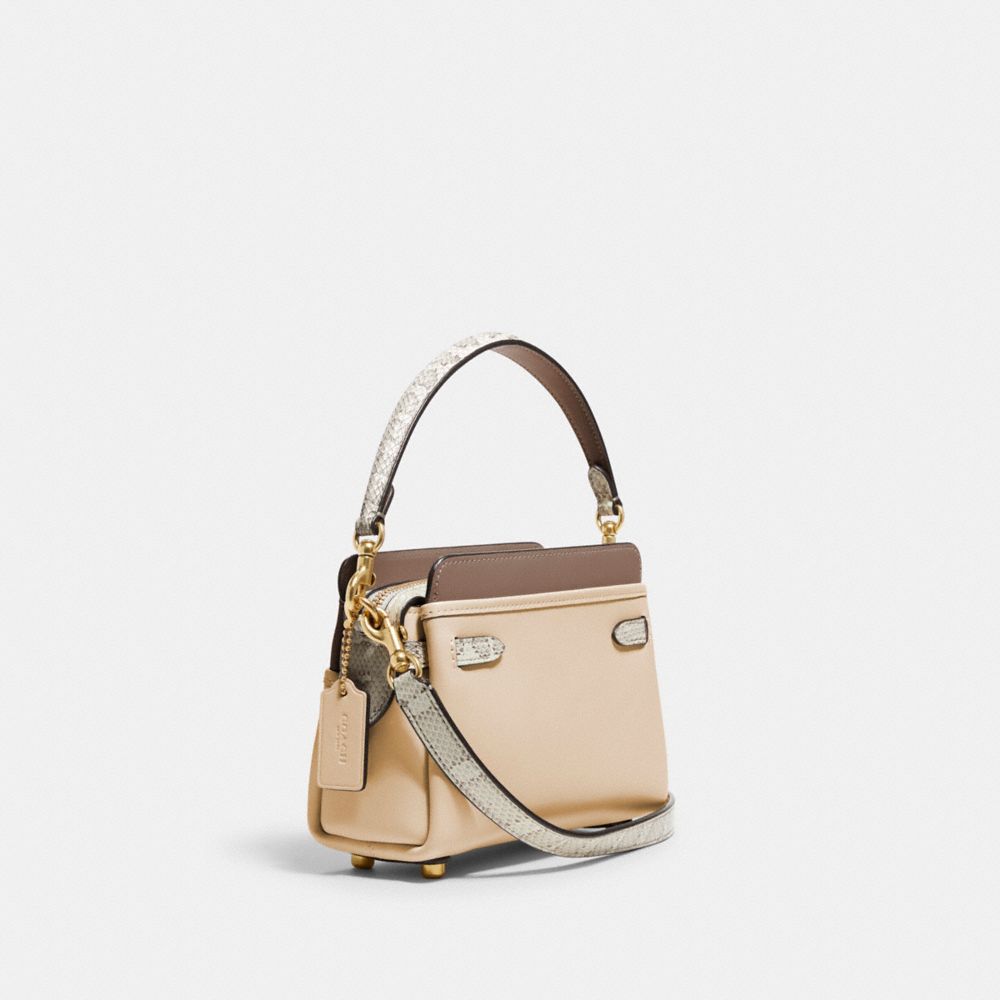COACH®,TATE 18 CROSSBODY WITH SNAKESKIN DETAIL,Glovetan Leather,Small,Brass/Ivory Multi,Angle View