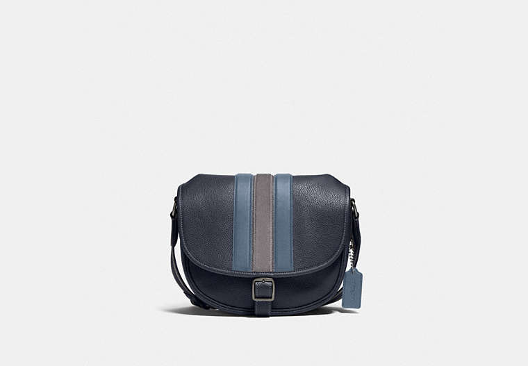COACH®,HITCH CROSSBODY WITH VARSITY STRIPE,Pebble Leather/Smooth Leather/Suede,Medium,Black Copper/Midnight Navy Multi,Front View