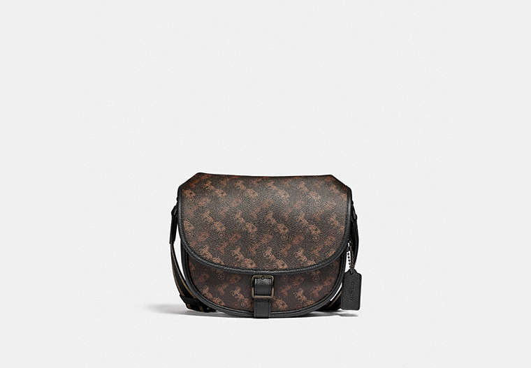 COACH®,HITCH CROSSBODY WITH HORSE AND CARRIAGE PRINT,Coated Canvas/Pebble Leather,Medium,Black Copper/Truffle,Front View