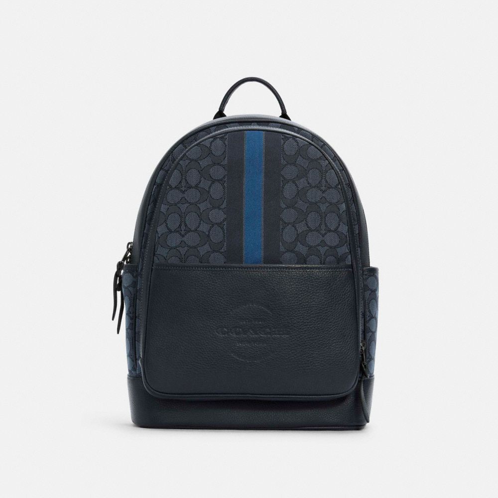 COACH®,THOMPSON BACKPACK IN SIGNATURE JACQUARD WITH VARSITY STRIPE,Non Leather,Large,Gunmetal/Denim Pacific Multi,Front View