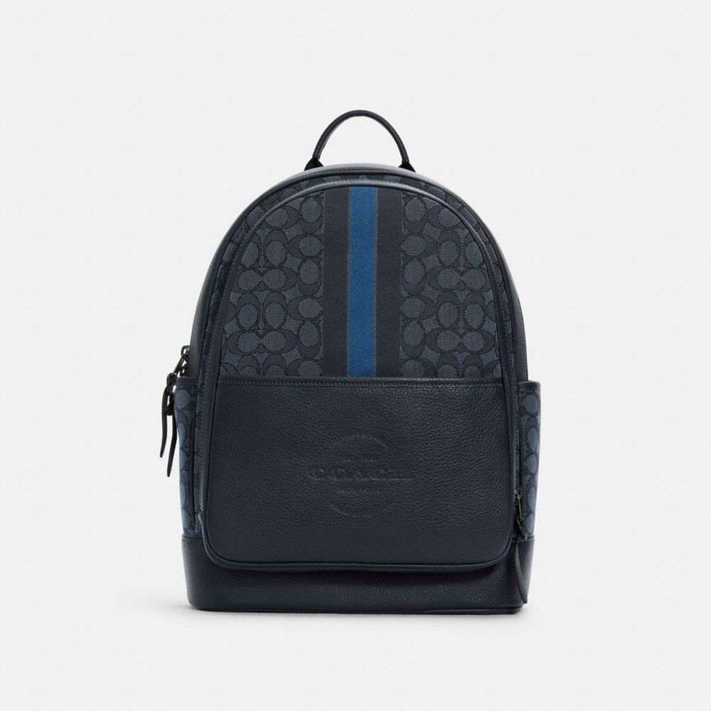 COACH®,SAC À DOS THOMPSON EN JACQUARD EXCLUSIF À RAYURE VARSITY,Bronze Industriel/Denim Pacifique Multi,Front View