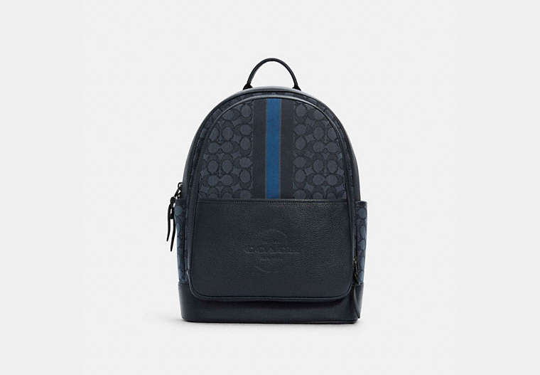 COACH®,THOMPSON BACKPACK IN SIGNATURE JACQUARD WITH VARSITY STRIPE,Leather,Large,Gunmetal/Denim Pacific Multi,Front View
