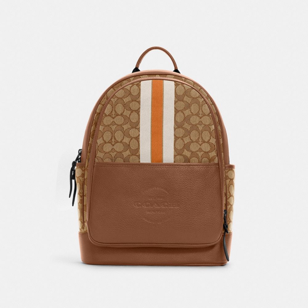 COACH®,THOMPSON BACKPACK IN SIGNATURE JACQUARD WITH VARSITY STRIPE,Non Leather,Large,Gunmetal/Khaki Butterscotch Multi,Front View