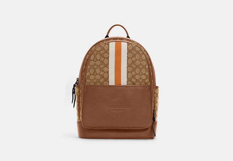 COACH®,THOMPSON BACKPACK IN SIGNATURE JACQUARD WITH VARSITY STRIPE,Leather,Large,Gunmetal/Khaki Butterscotch Multi,Front View