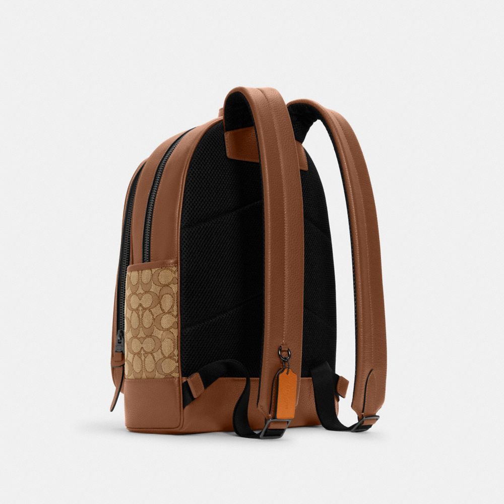 COACH®,THOMPSON BACKPACK IN SIGNATURE JACQUARD WITH VARSITY STRIPE,Non Leather,Large,Gunmetal/Khaki Butterscotch Multi,Angle View