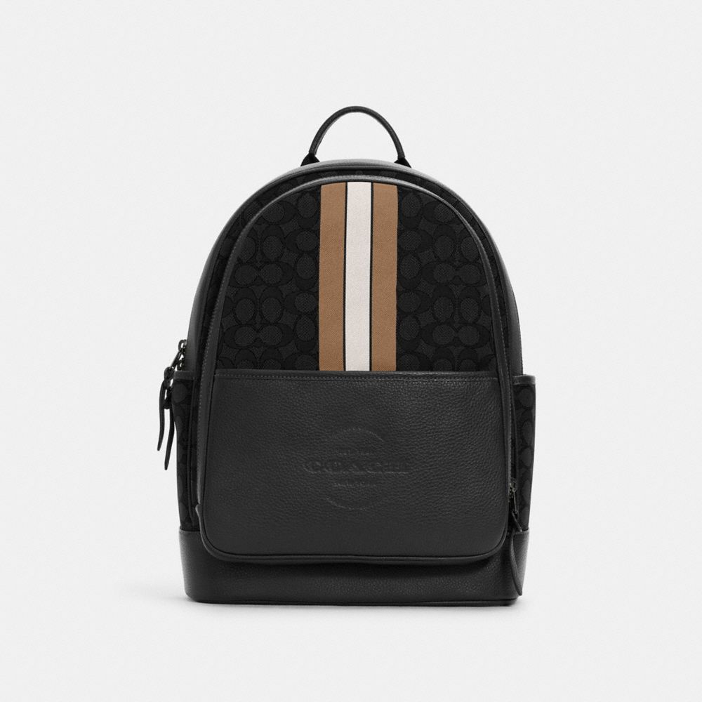 Coach Outlet Thompson Backpack In Signature Jacquard With Varsity Stripe - Men's Bags - Black