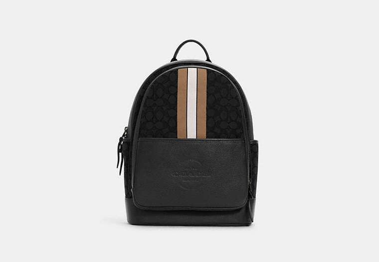 COACH®,THOMPSON BACKPACK IN SIGNATURE JACQUARD WITH VARSITY STRIPE,Leather,Gunmetal/Black Elm Multi,Front View