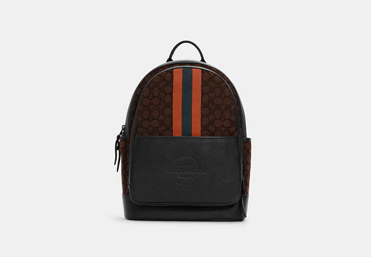 COACH®,THOMPSON BACKPACK IN SIGNATURE JACQUARD WITH VARSITY STRIPE,Leather,Large,Gunmetal/Mahogany Ginger Multi,Front View image number 0