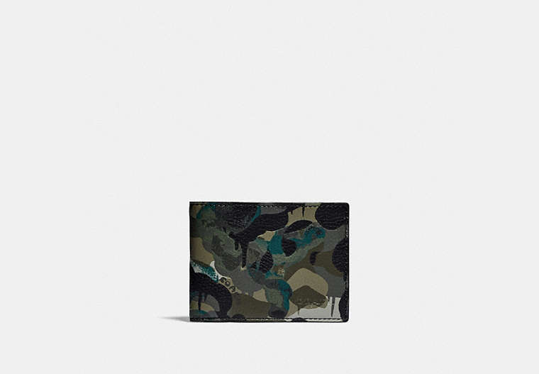 COACH®,SLIM BILLFOLD WALLET WITH CAMO PRINT,Pebble Leather,Mini,Camo,GREEN/BLUE,Front View