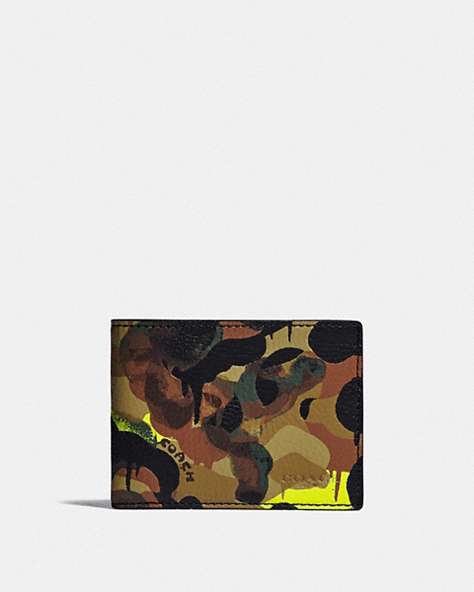 COACH®,SLIM BILLFOLD WALLET WITH CAMO PRINT,Pebble Leather,Camo,Neon/Yellow/Brown,Front View