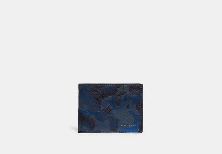 COACH®,SLIM BILLFOLD WALLET WITH CAMO PRINT,Pebble Leather,Mini,Camo,Blue/Midnight Navy,Front View