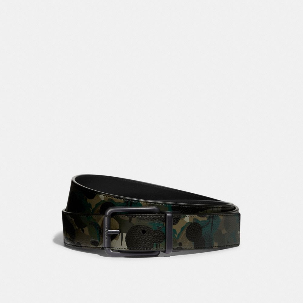 COACH®,CEINTURE RÉVERSIBLE SUR MESURE À BOUCLE ROULANTE AVEC IMPRIMÉ CAMOUFLAGE, 38 MM,Cuir maroquiné/cuir lisse,VERT/BLEU,Front View