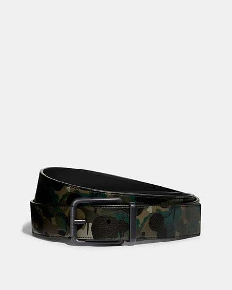 COACH®,ROLLER BUCKLE CUT-TO-SIZE REVERSIBLE BELT WITH CAMO PRINT, 38MM,Pebble Leather/Smooth Leather,GREEN/BLUE,Front View