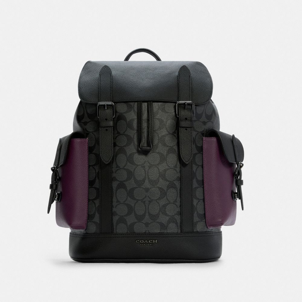 COACH®,HUDSON BACKPACK IN COLORBLOCK SIGNATURE CANVAS,Large,Gunmetal/Charcoal Dark Grape,Front View