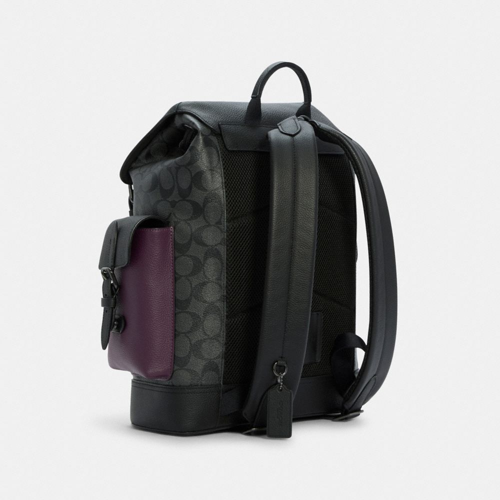 COACH®,HUDSON BACKPACK IN COLORBLOCK SIGNATURE CANVAS,Large,Gunmetal/Charcoal Dark Grape,Angle View