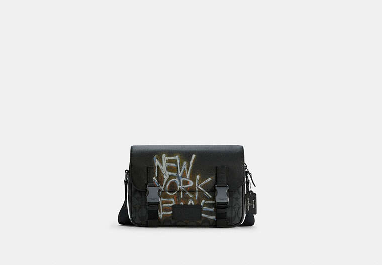 COACH®,COACH X JEAN-MICHEL BASQUIAT TRACK CROSSBODY BAG IN SIGNATURE CANVAS,Leather,Medium,Gunmetal/Black Multi,Front View