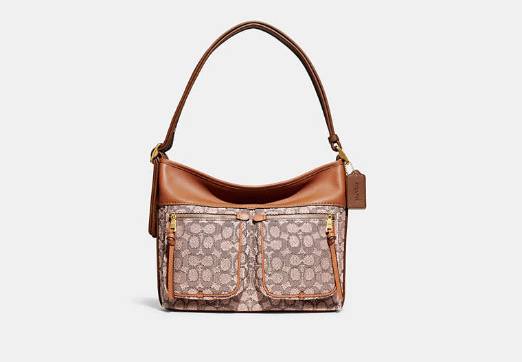 COACH®,ANDIE SHOULDER BAG IN SIGNATURE TEXTILE JACQUARD,Jacquard/Smooth Leather,Medium,Brass/Cocoa Burnished Amb,Front View