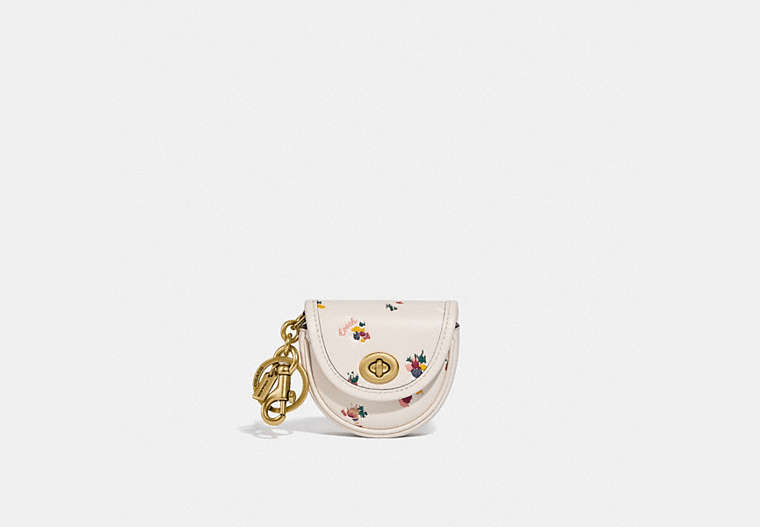COACH®,MINI SADDLE BAG CHARM WITH PAINT DAB FLORAL PRINT,Smooth Leather,Mini,Brass/Chalk,Front View