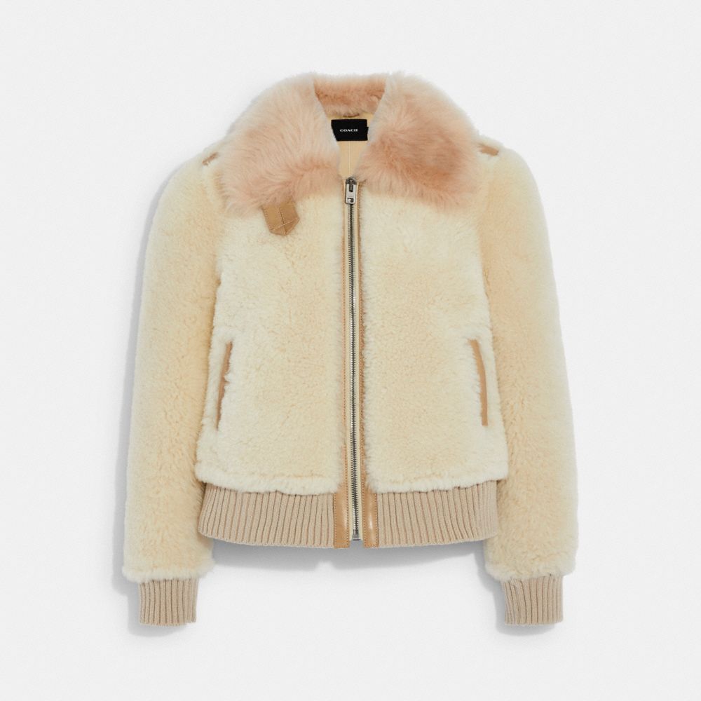 COACH®,BOMBER EN SHEARLING,Peau de mouton,Gris Fumée,Front View