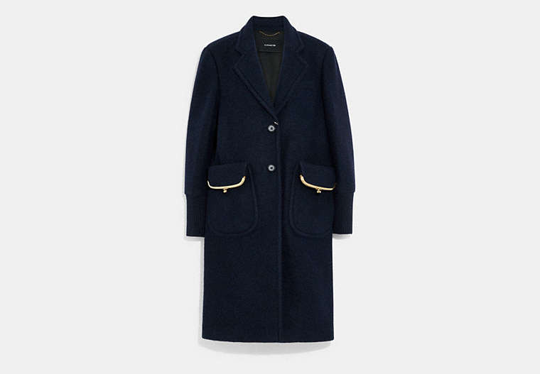 COACH®,JERSEY COAT IN RECYCLED WOOL AND RECYCLED POLYESTER,NAVY,Front View