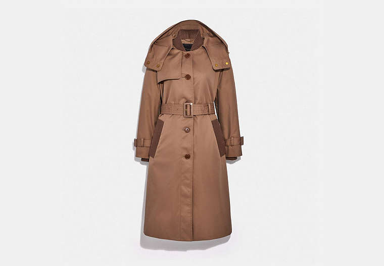 COACH®,HOODED TRENCH COAT,Cotton/Polyester,Brown,Front View