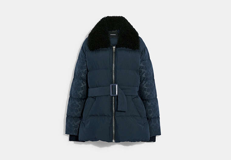 COACH®,BELTED PUFFER IN RECYCLED POLYESTER,DARK NAVY,Front View