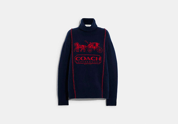 COACH®,HORSE AND CARRIAGE SWEATER,Wool/Cashmere,NAVY,Front View
