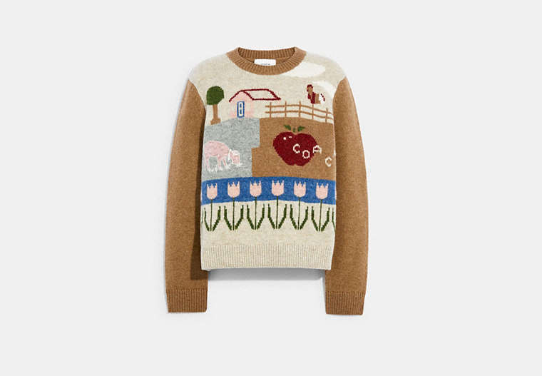COACH®,BLOCK LANDSCAPE SWEATER,Camel,Front View image number 0