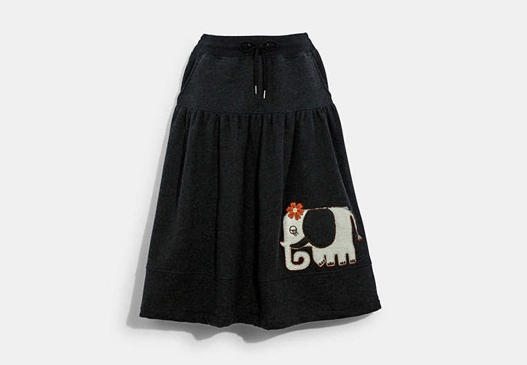 COACH®,JERSEY SKIRT WITH COVERSTITCH DETAIL,Cotton/Wool,Charcoal,Front View