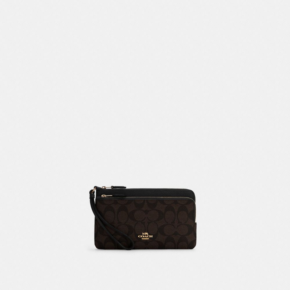 COACH®,DOUBLE ZIP WALLET IN SIGNATURE CANVAS,Mini,Gold/Brown Black,Front View image number 0