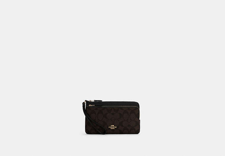 COACH®,DOUBLE ZIP WALLET IN SIGNATURE CANVAS,pvc,Gold/Brown Black,Front View