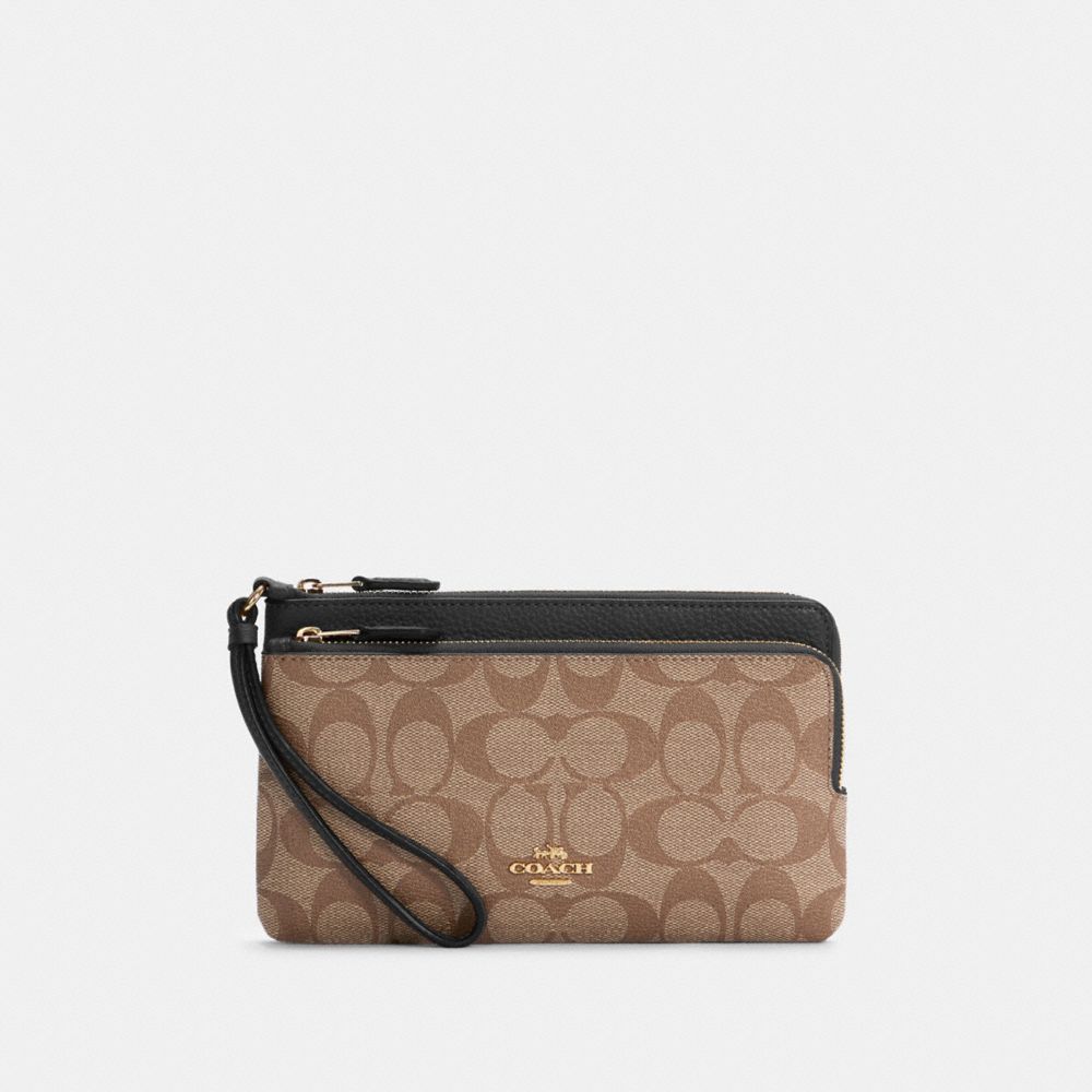 COACH®,Double Zip Wallet In Signature Canvas,Leather,Canvas,Pouch,Wristlet,PVC,Logo,Casual,,Front View