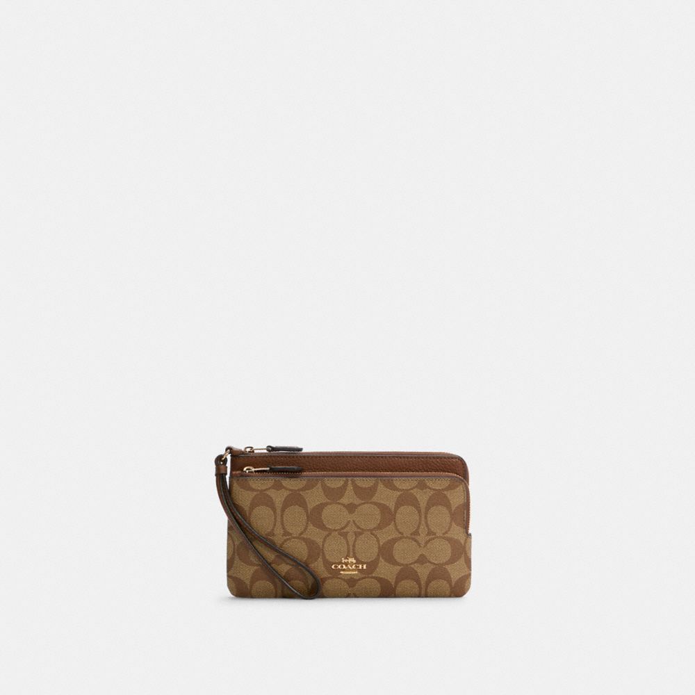 COACH®,DOUBLE ZIP WALLET IN SIGNATURE CANVAS,Mini,Gold/Khaki Saddle 2,Front View