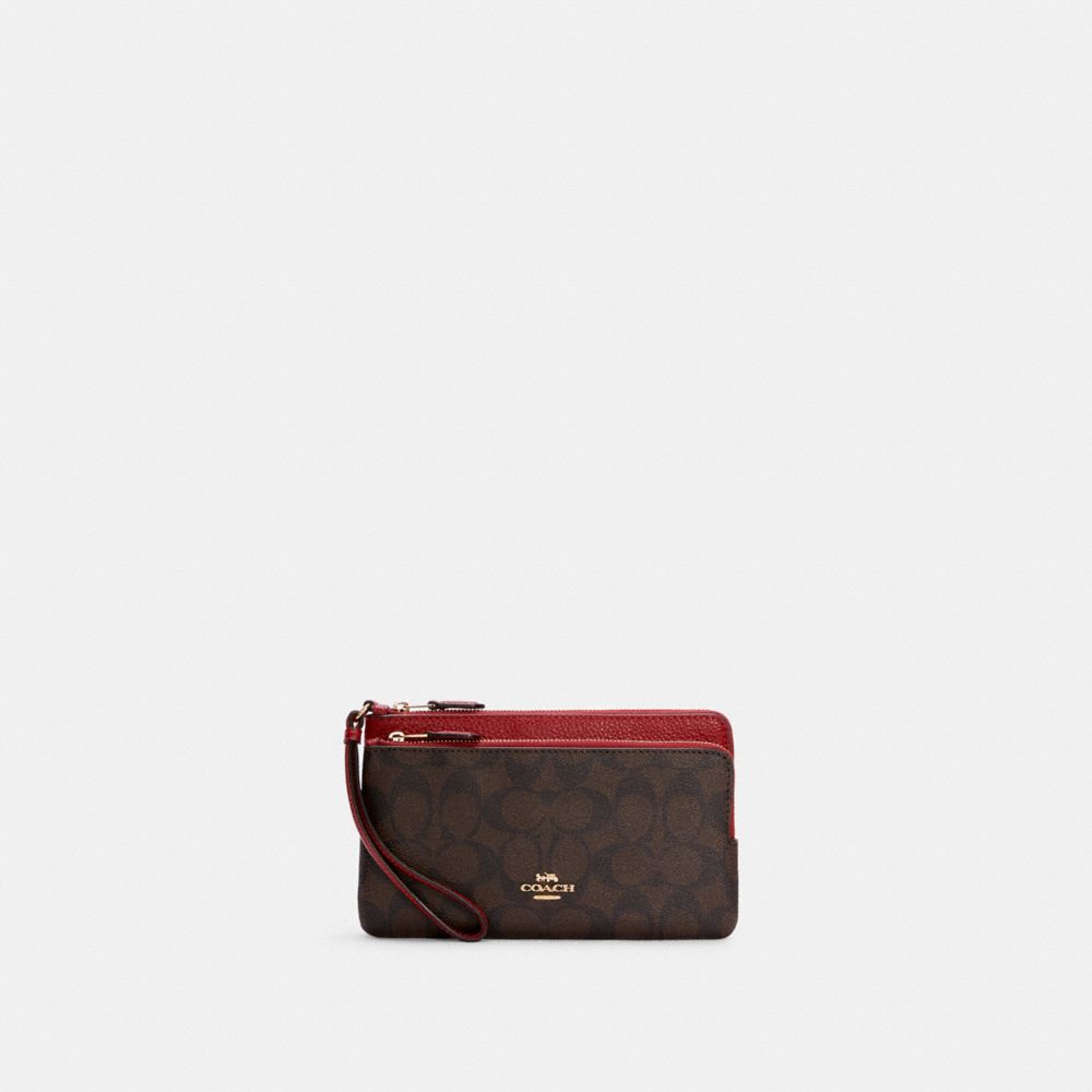 COACH®,DOUBLE ZIP WALLET IN SIGNATURE CANVAS,Signature Canvas,Mini,Gold/Brown 1941 Red,Front View