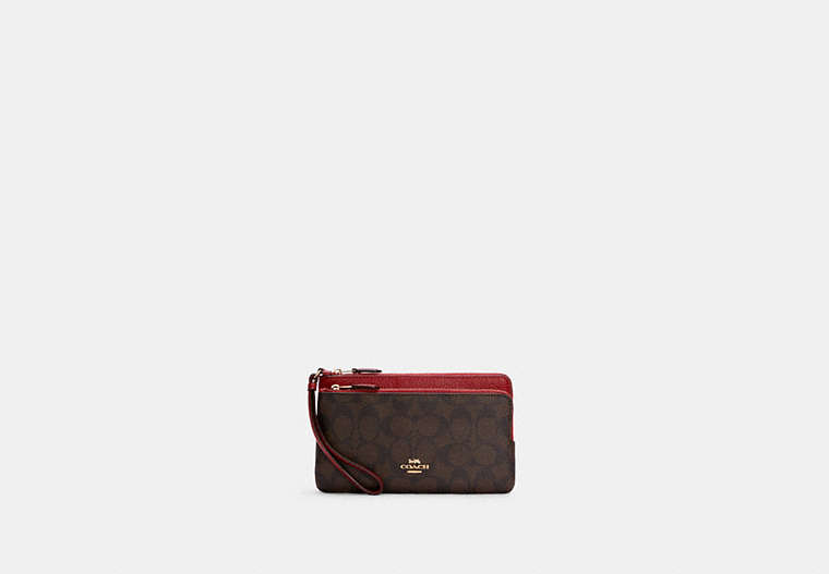 COACH®,DOUBLE ZIP WALLET IN SIGNATURE CANVAS,pvc,Mini,Gold/Brown 1941 Red,Front View